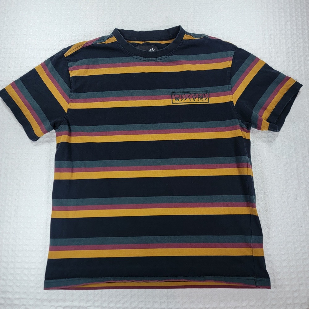 Welcome Skateboards Mens Striped T-Shirt Black Yellow Burgundy Size Medium